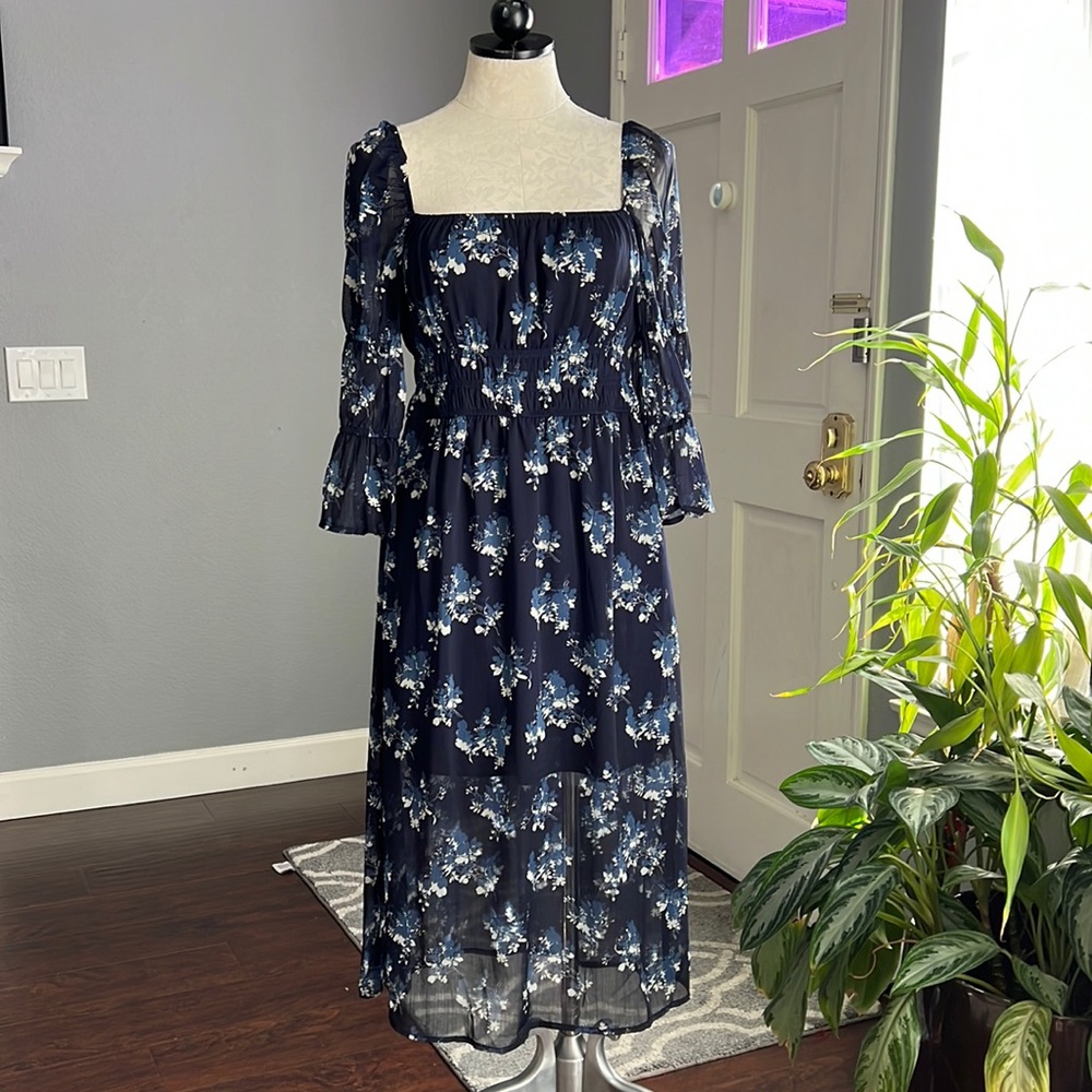 ROWA Navy Blue Floral Midi Dress